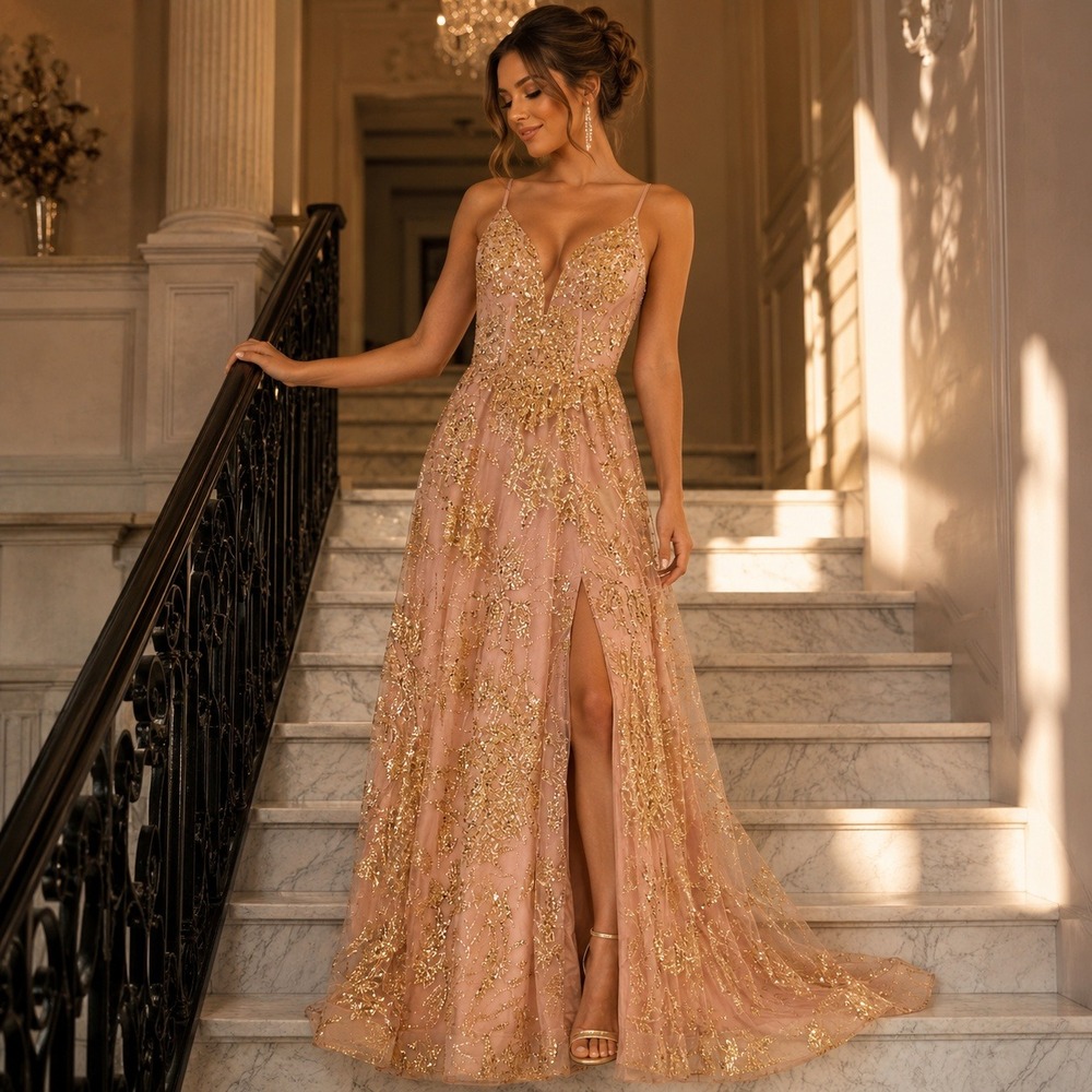 Coya Collection Ball Gown Dress Womens S Peach Embellished Plunge V Neck Bridal